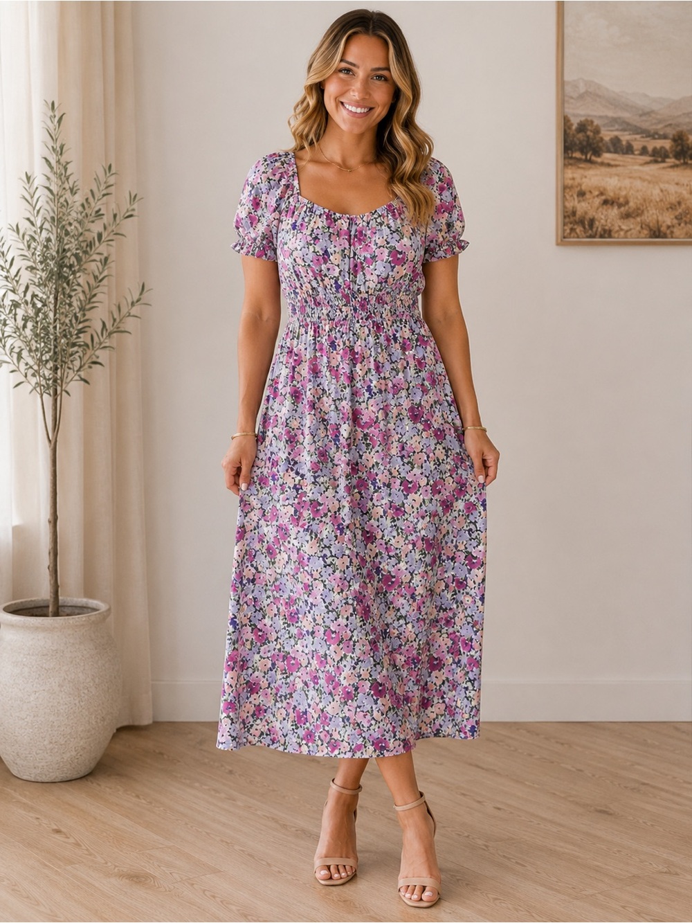 Lush Purple Floral Midi Dress